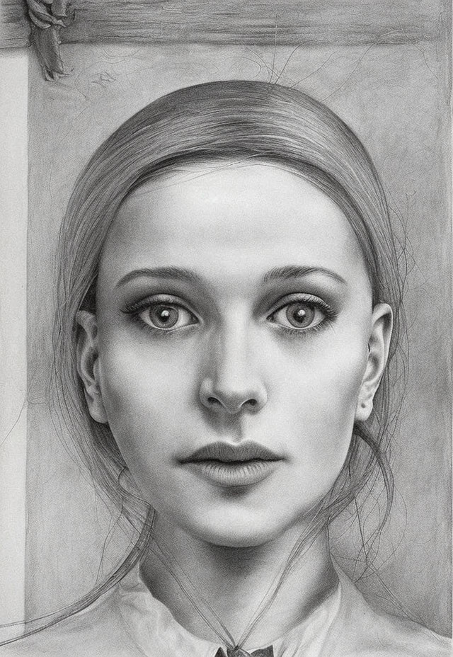 Detailed pencil sketch of a woman with large eyes, small smile, and straight hair showcasing realistic shading.
