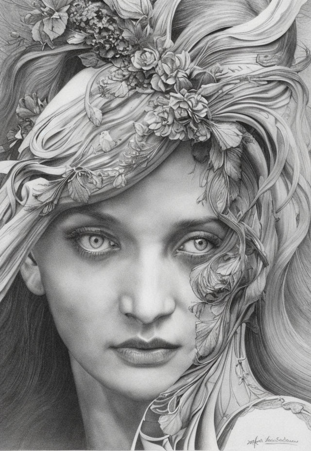 Detailed pencil drawing of woman with floral adornments and captivating gaze