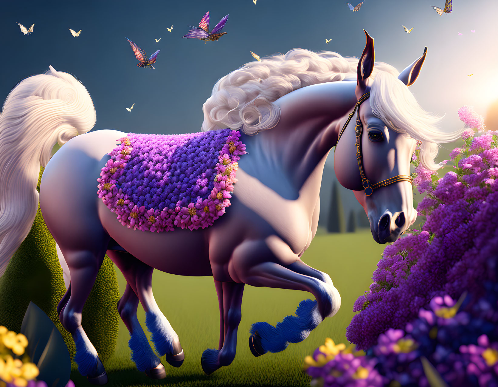 White horse with purple flowers near lavender and butterflies