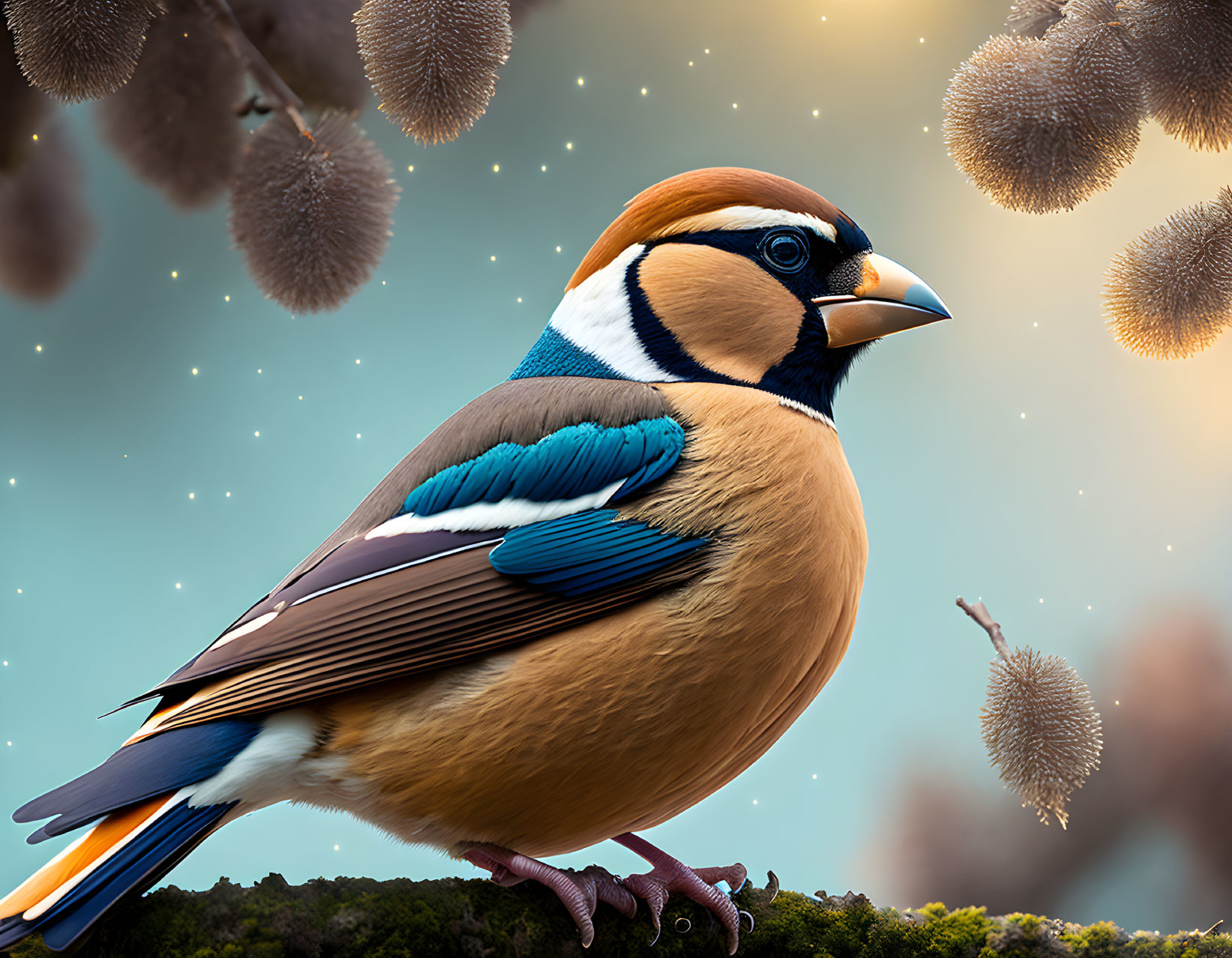 Colorful Bird with Orange, Blue, and Brown Feathers Perched in Twilight Scene