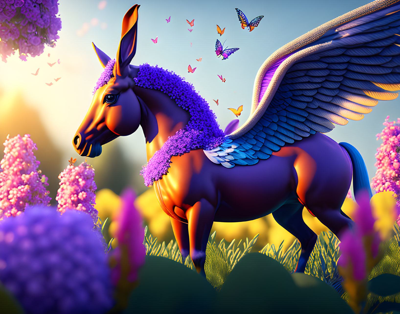 Colorful winged horse with purple mane in floral scene at sunset