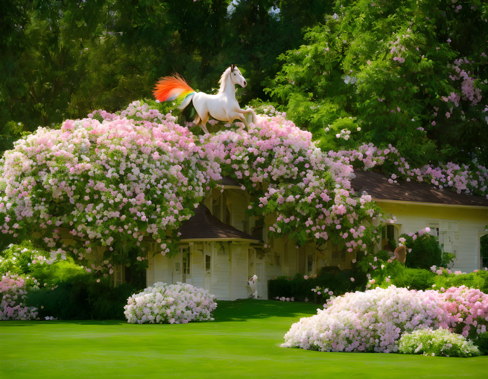 White horse with orange mane on pink bush with house background