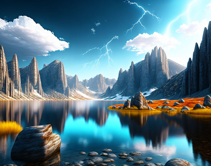 Scenic lake with mountains and lightning in vivid sky