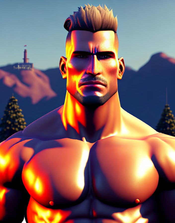Muscular animated character with mohawk in forest sunset.