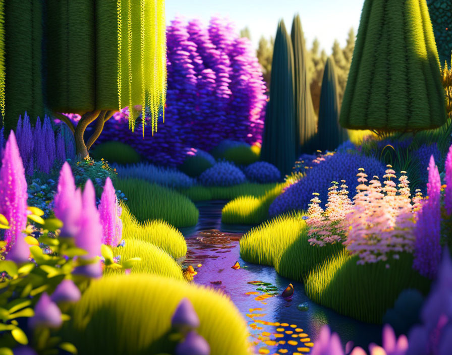 Colorful forest scene with lush greenery and serene stream