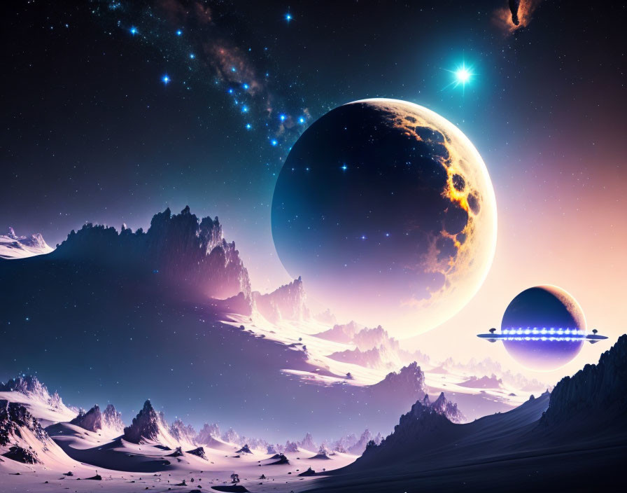 Fantastical space landscape with planets, starry sky, and alien spacecraft