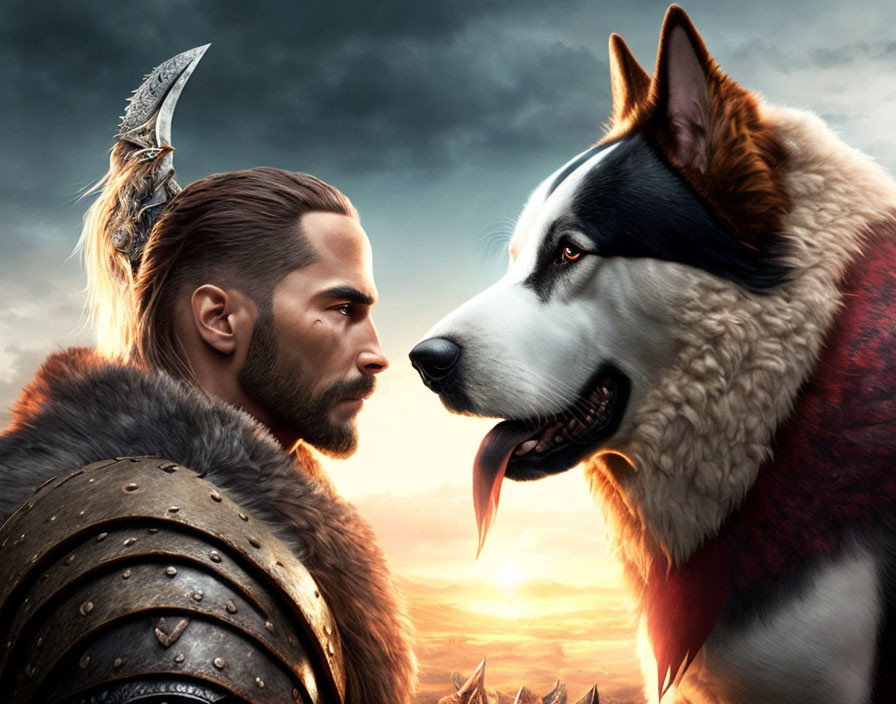 Armored man with beard confronts large dog under dramatic sky