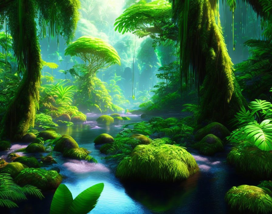 Serene River and Lush Green Forest with Vibrant Flora