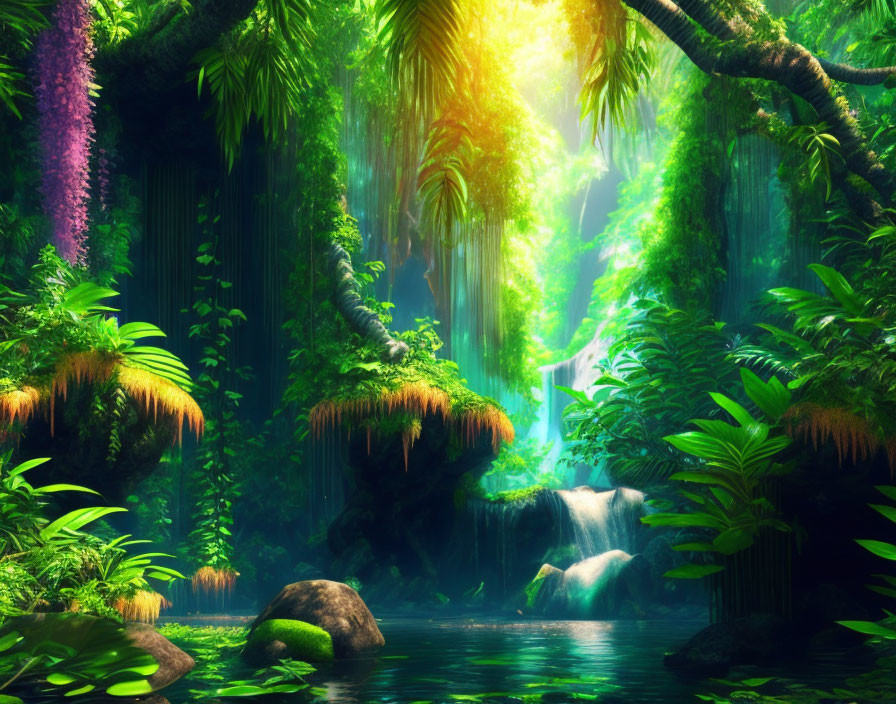 Serene waterfall in lush green forest with sunlight filtering through dense foliage