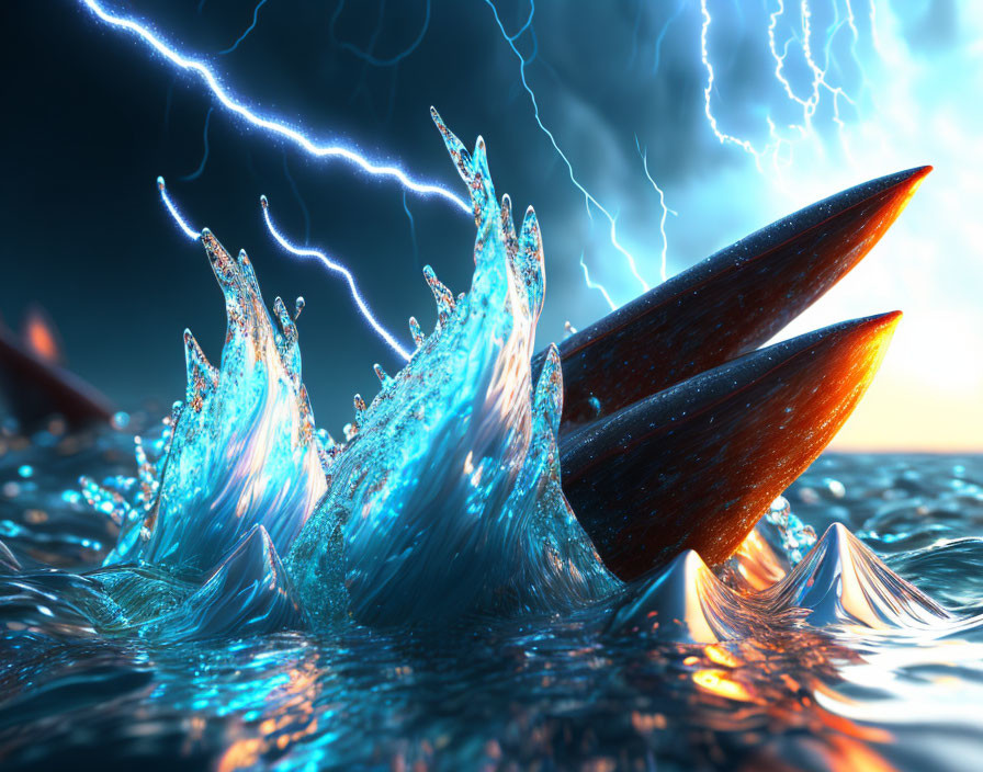 Surreal digital artwork: Wooden boat-like structures in stormy scene