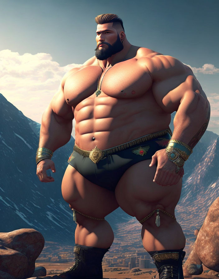 Bearded muscular character in ornate attire on mountainous backdrop