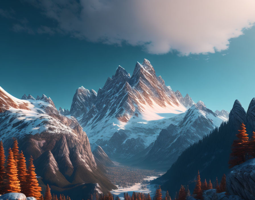 Snow-capped mountain peaks over autumnal forest valley with river under soft glowing sky