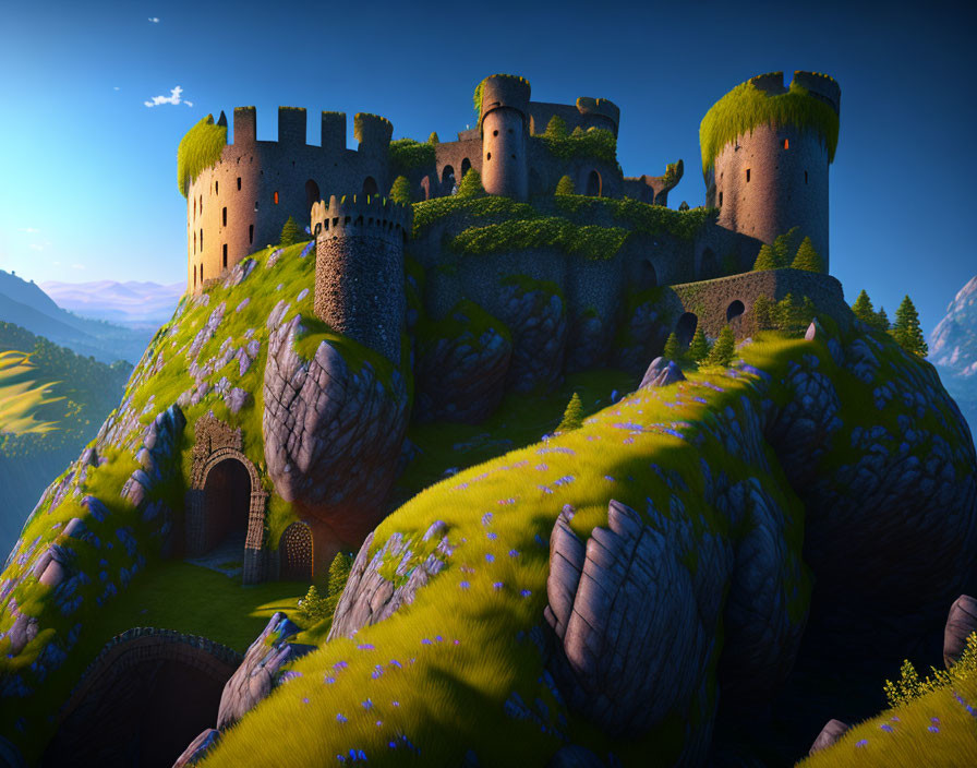 Fantasy castle with multiple towers on green landscape under blue sky