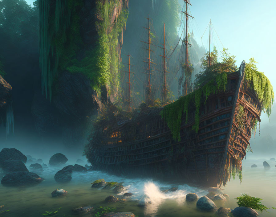 Abandoned shipwreck covered in foliage by misty river and green cliff