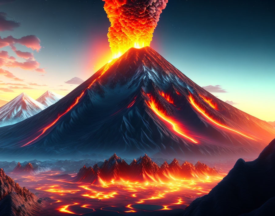 Digital Artwork: Catastrophic Volcanic Eruption with Lava Flows at Twilight