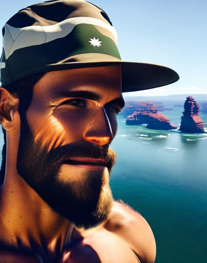 Bearded man in camouflage hat with Australian flag patch by sea and rocks