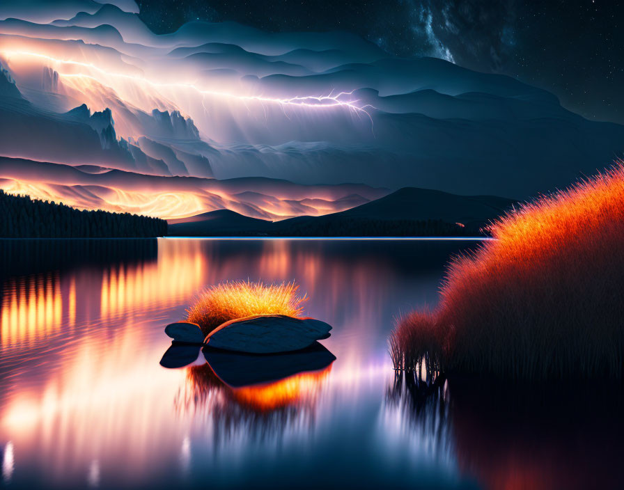 Twilight lake scene with aurora, lightning, glowing grasses, and starry sky