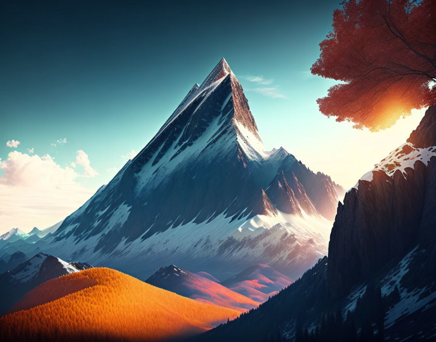 Majestic mountain peak surrounded by autumn trees and hills in golden sunlight