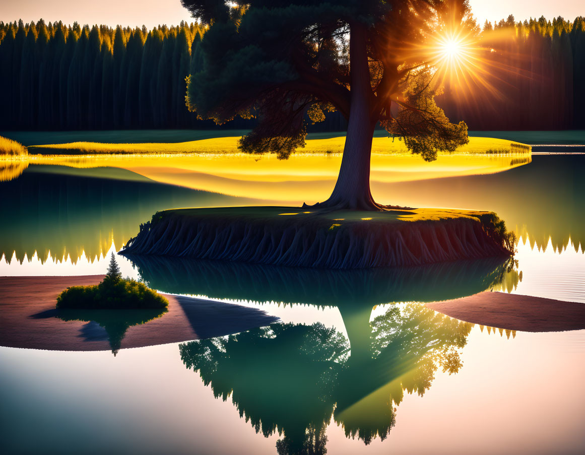 Serene sunset landscape with lone tree on island and reflection in water
