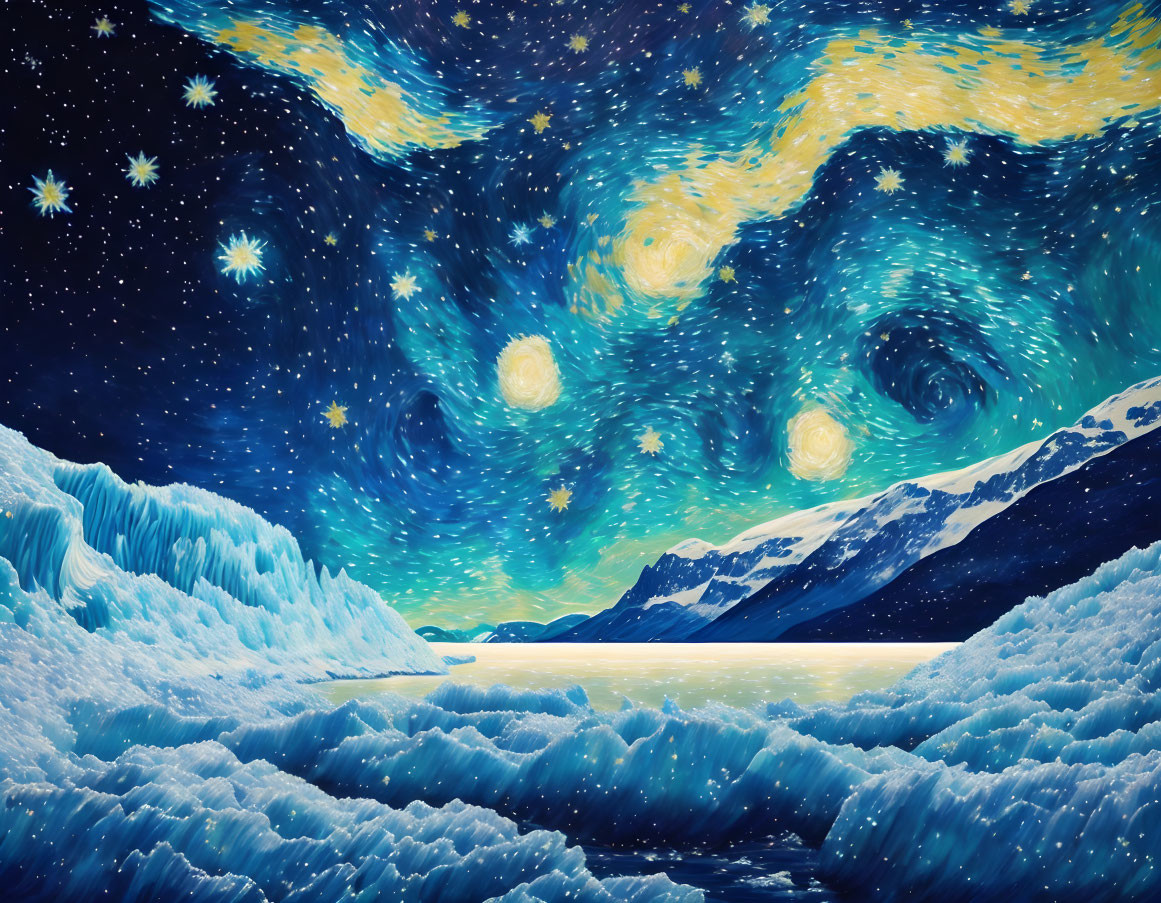 Starry Night Sky Painting with Snow-covered Mountains