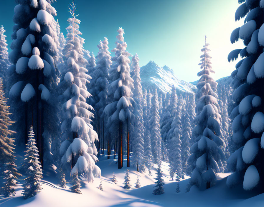 Winter pine forest with snow, sunlight, and mountains under blue sky.