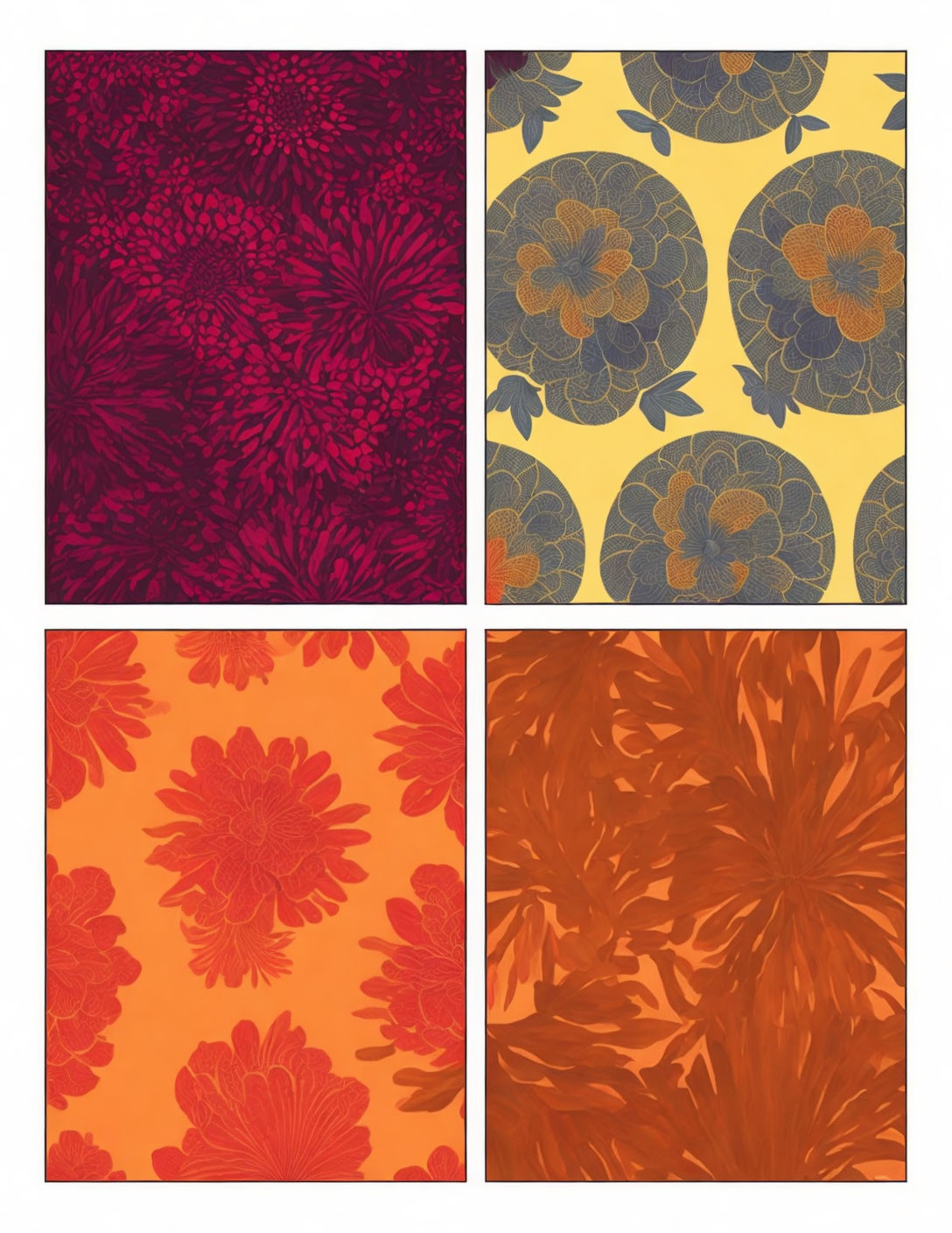 Floral pattern panels in red, blue, and orange on colorful backgrounds
