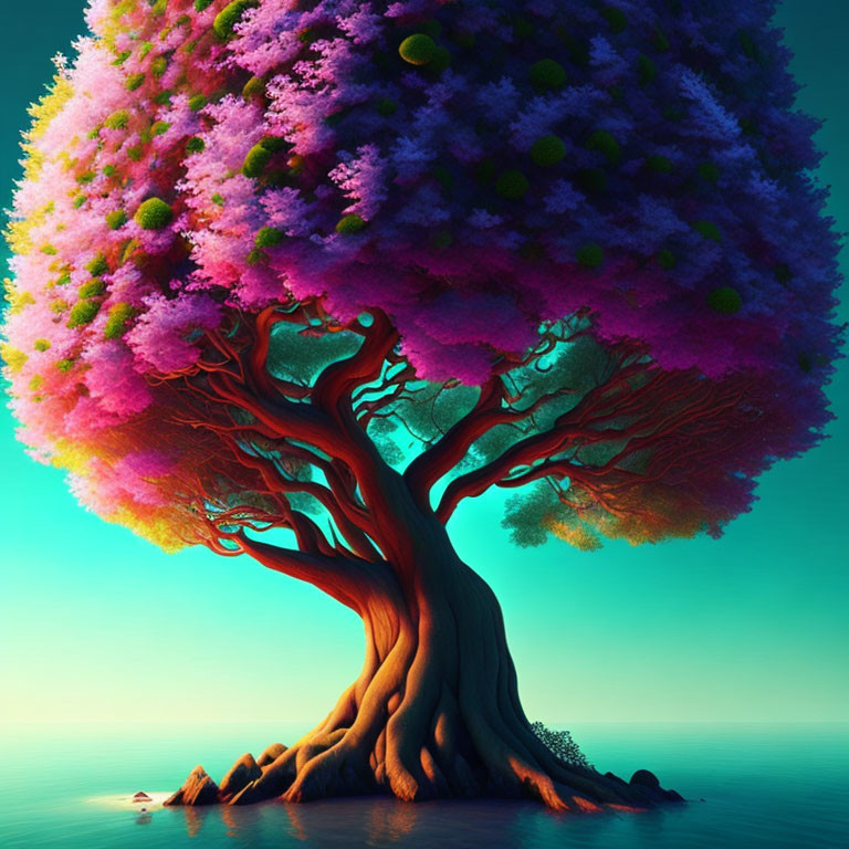 Colorful tree with thick trunk and vibrant purple, pink, and green foliage on island.