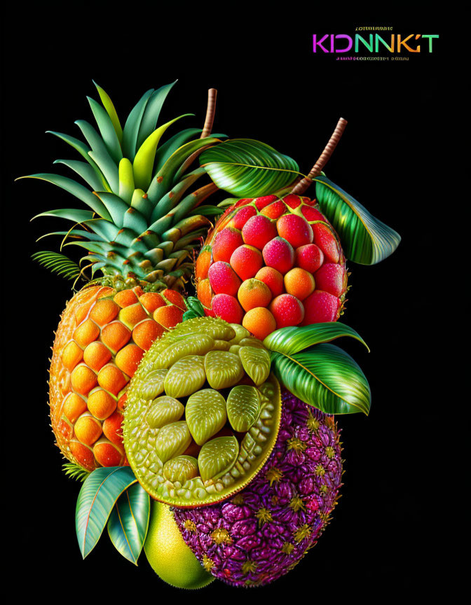 Colorful Exotic Fruits on Black Background with "KIDNNKT" Logo