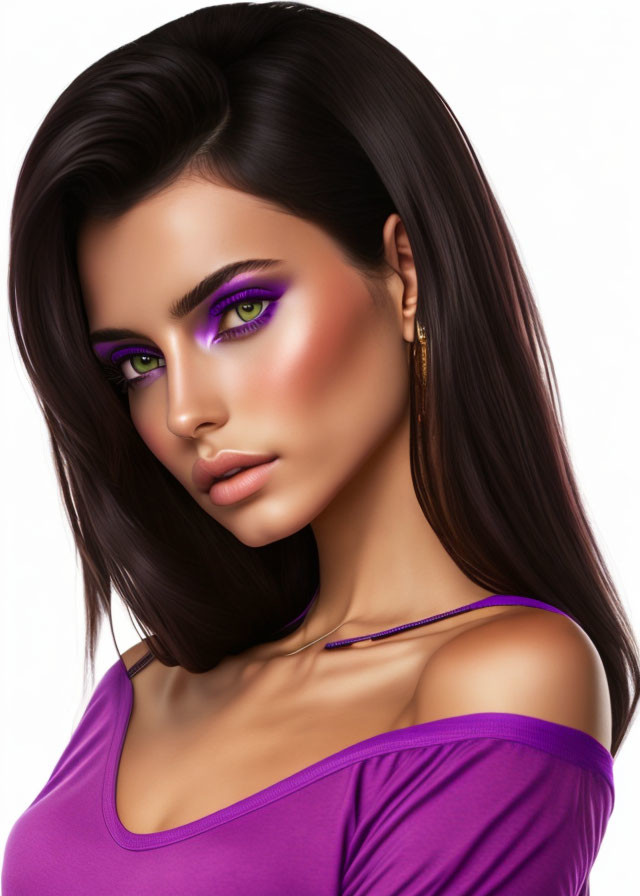 Digital portrait of woman with black hair, purple eye makeup, glowing skin, purple attire.