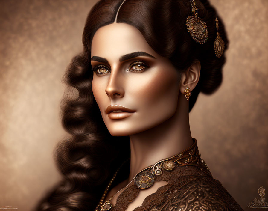 Digital portrait of woman with wavy hair, gold jewelry, and brown eyes on monochrome backdrop
