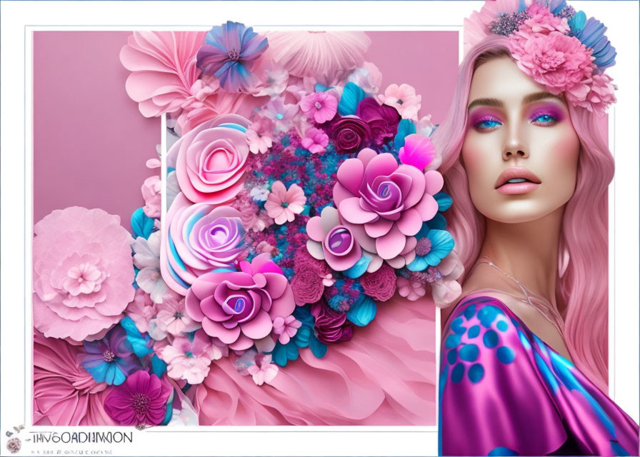 Colorful Artwork Featuring Woman and Stylized Flowers in Pink, Purple, and Blue