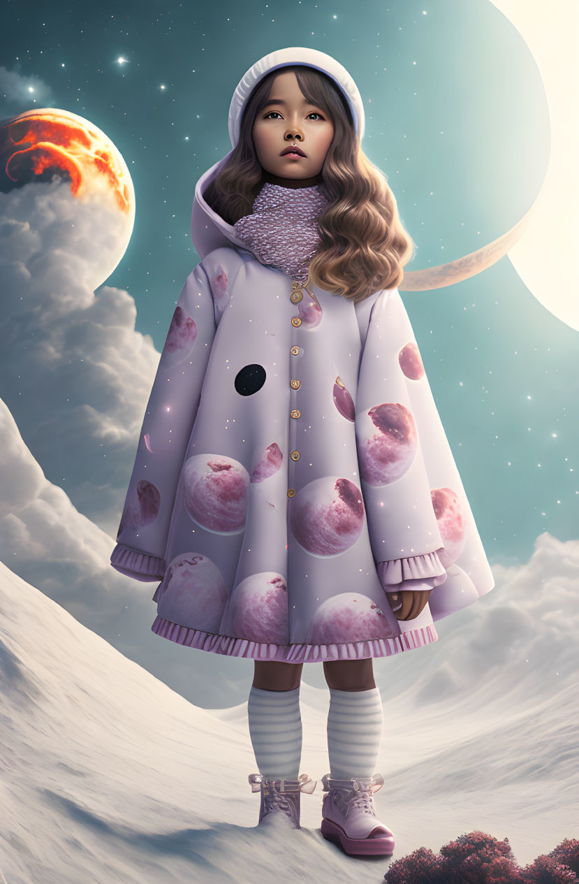 Young girl in space-themed outfit on moon-like surface with surreal planetary backdrop