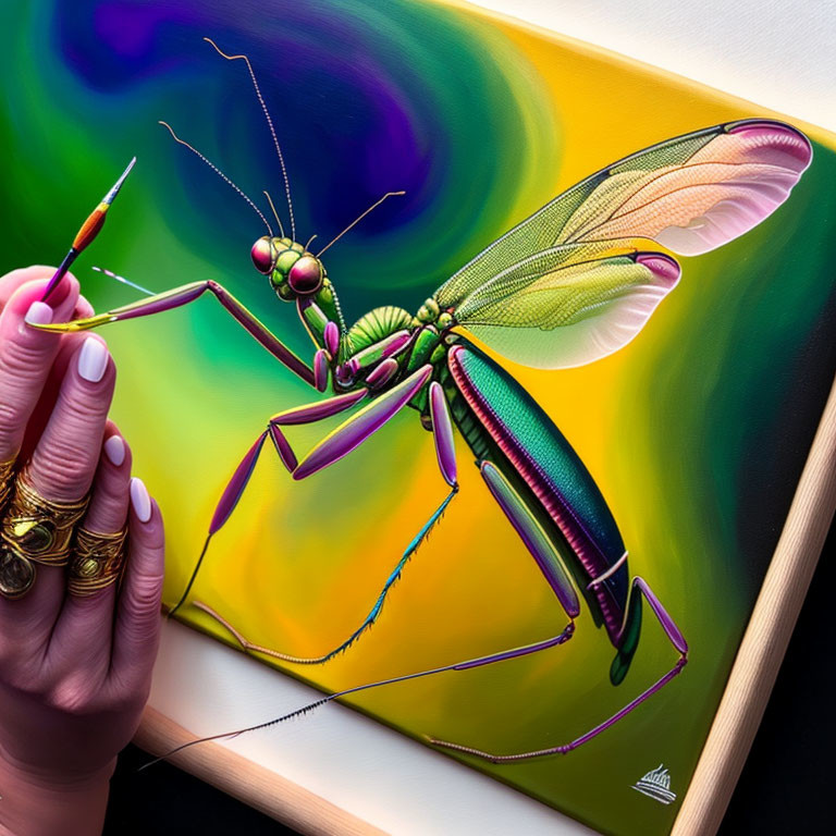 Hyperrealistic praying mantis painting on vibrant abstract canvas