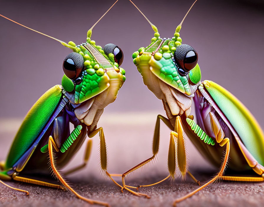 Vibrant praying mantises with striking eyes and antennae on blurred backdrop