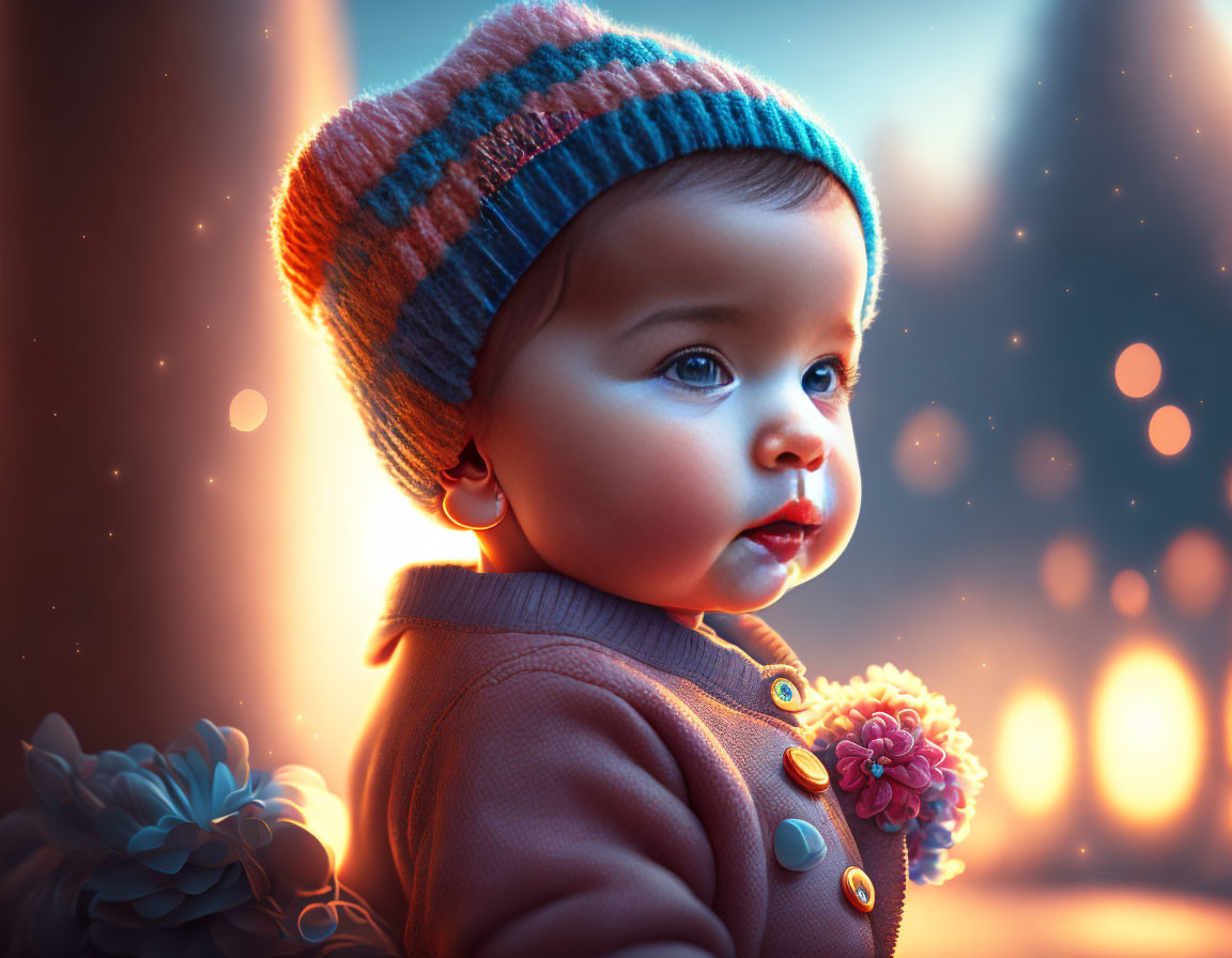 Striped beanie toddler in warm light with bokeh background