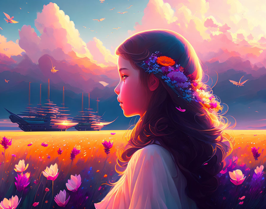 Girl with flowers in hair gazing at sunset sky with sailing ships and vibrant flowers