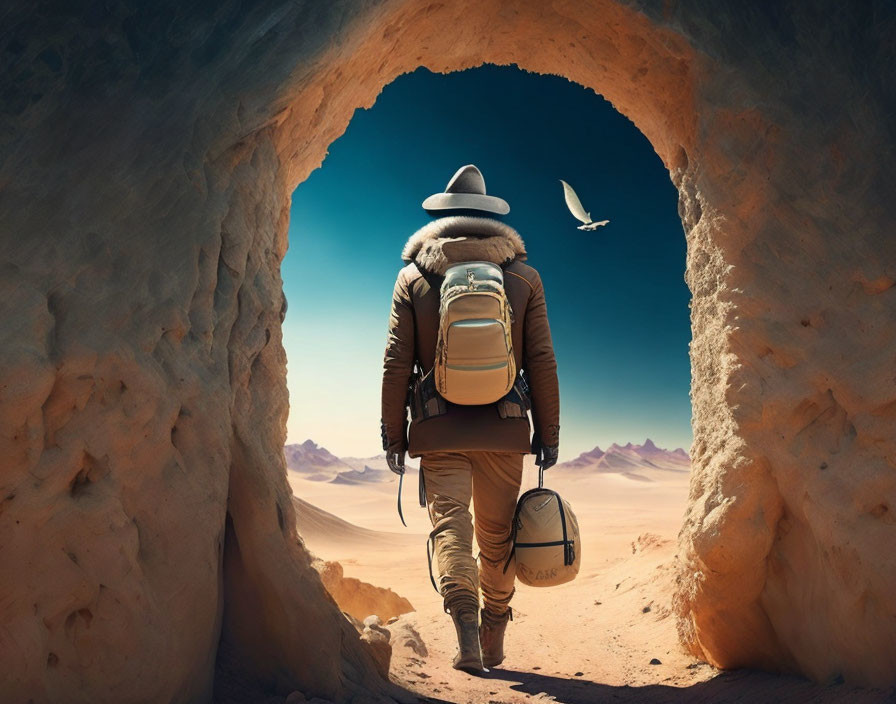 Traveler with wide-brimmed hat at cave entrance in desert landscape.