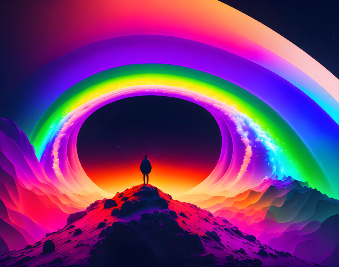 Colorful digital artwork: Person on mountain peak under rainbow in starry sky