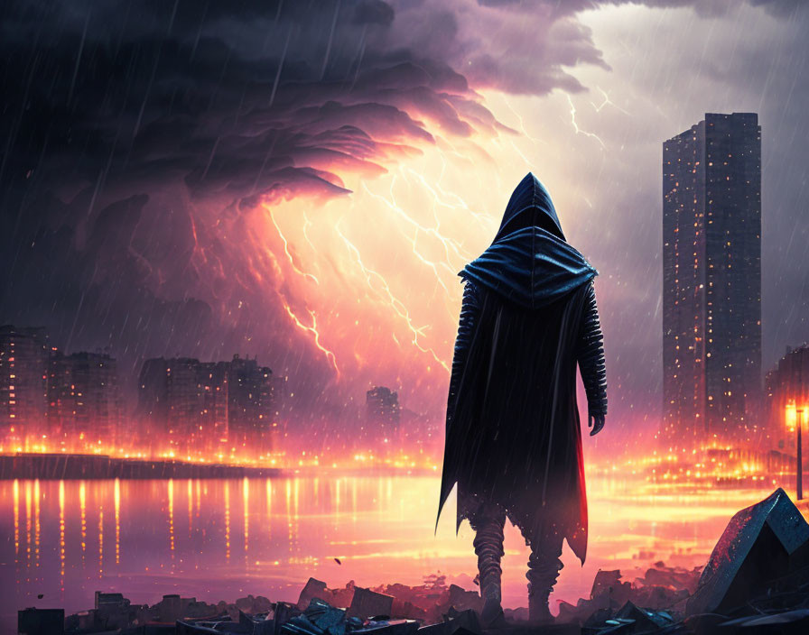 Mysterious figure in cloak gazes at stormy cityscape with lightning and reflections
