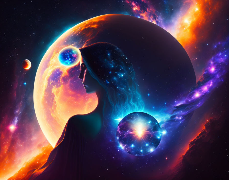 Cosmic-themed digital artwork: Woman's silhouette against celestial backdrop