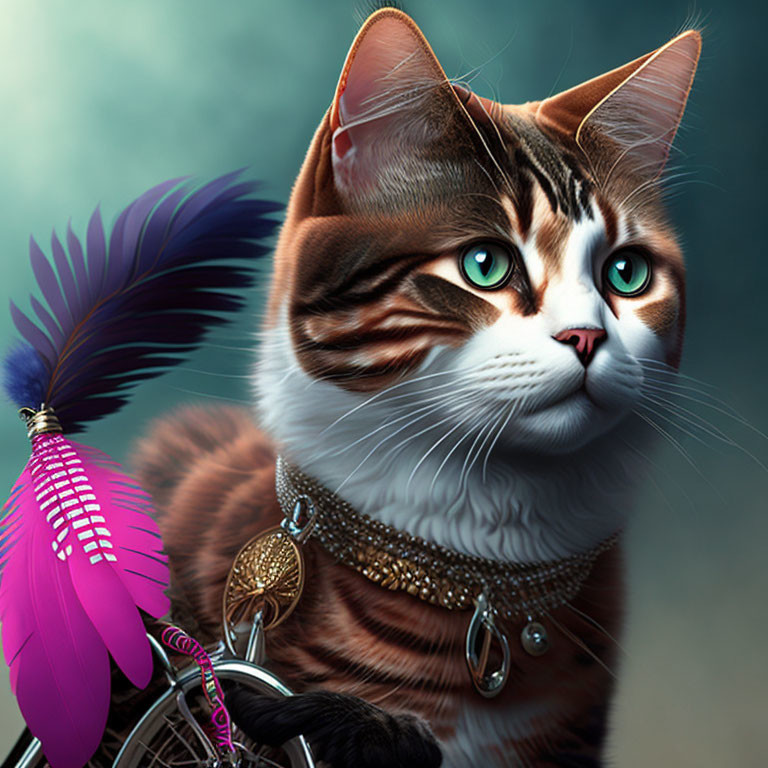 A cat with a bike and two feathers