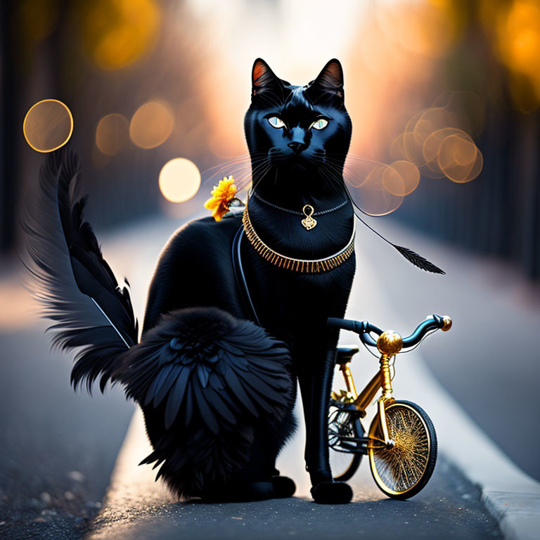 A black cat with feathers and a bike
