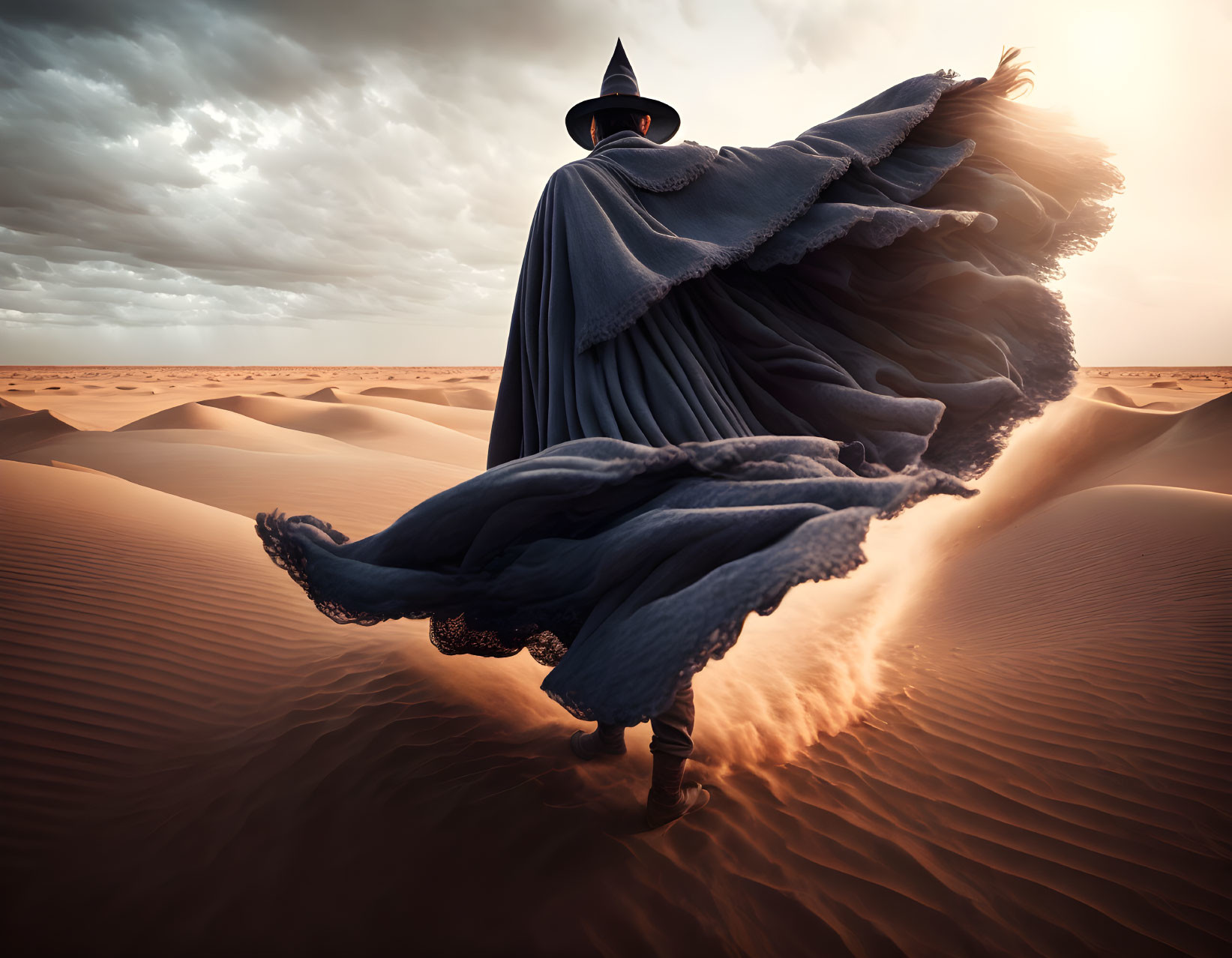 Cloaked figure with pointed hat on sand dune in dramatic desert scene