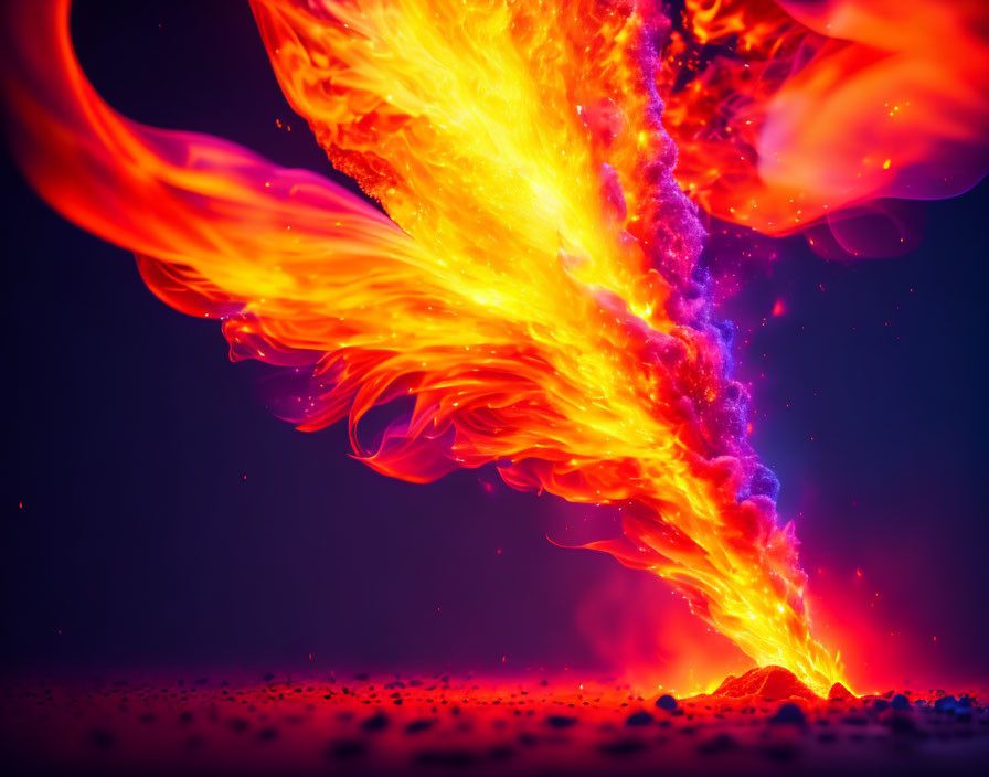 Intense fiery explosion on dark red and blue gradient background
