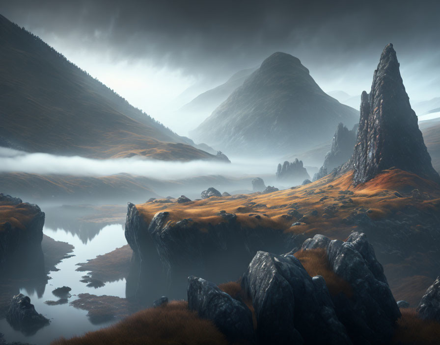 Rocky Terrain and Reflective Waters in Misty Mountain Landscape