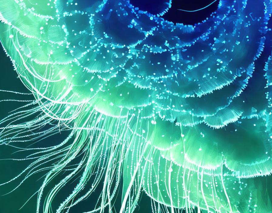 Glowing neon blue and green abstract jellyfish tendrils with bokeh effect.