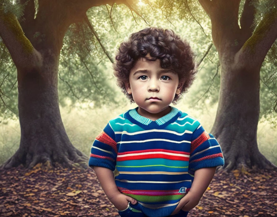 Child with curly hair in mystical forest wearing colorful striped sweater
