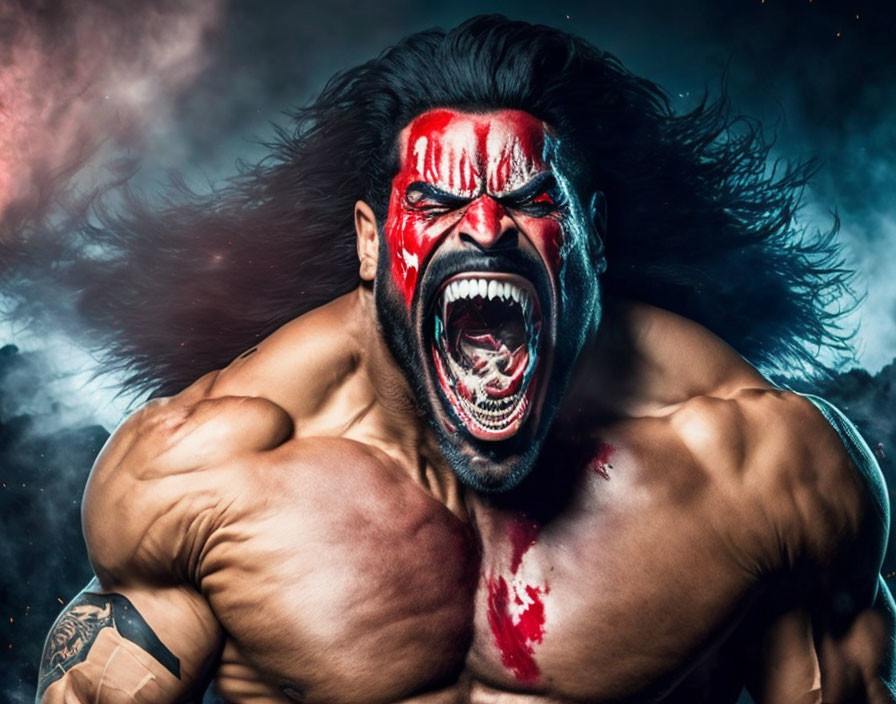 Muscular person with skull face paint and intense expression on smoky background