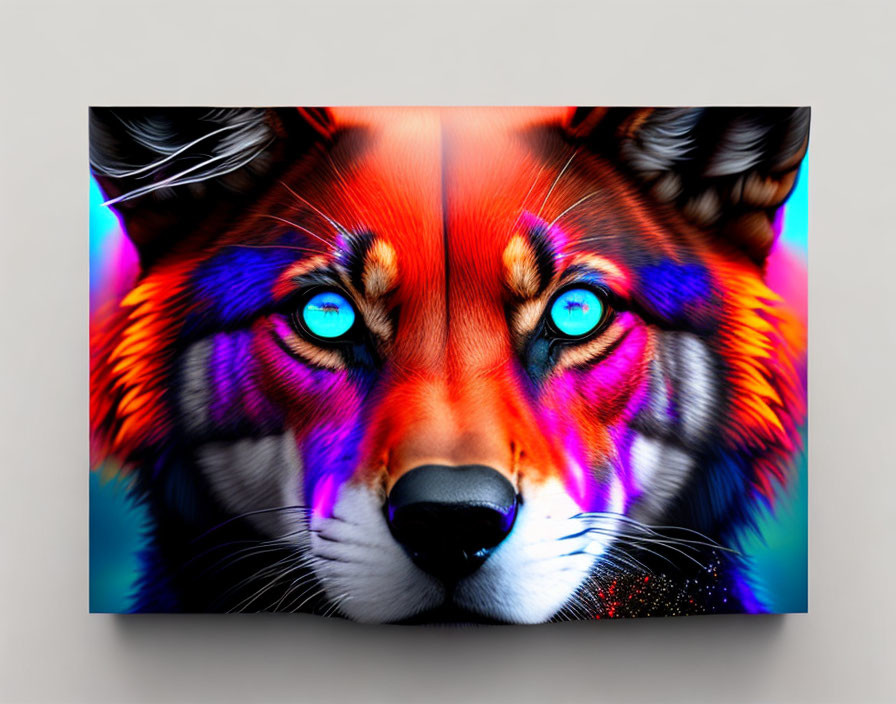 Colorful Fox Face with Intense Blue Eyes and Neon Fur Artwork