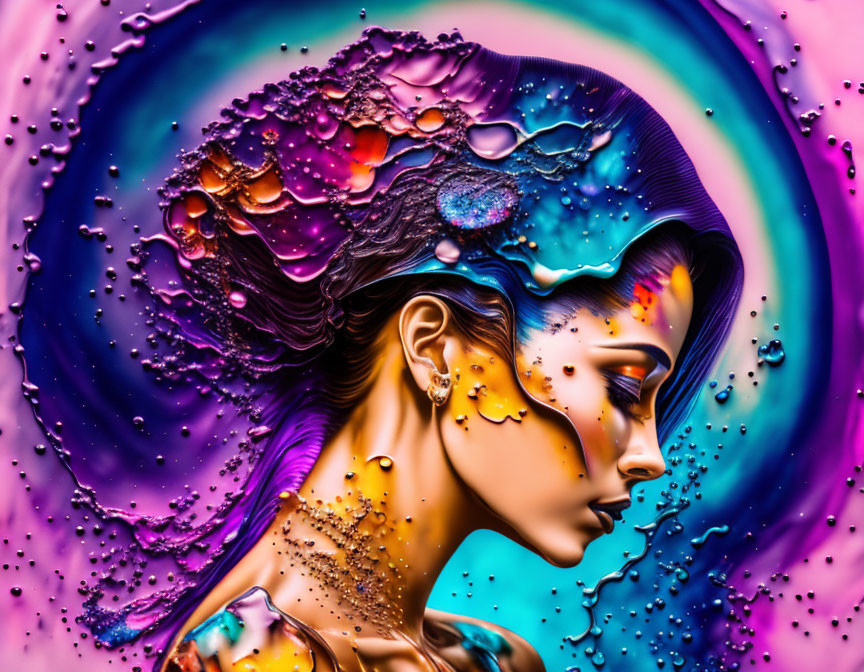 Colorful digital artwork: Woman's profile with liquid and crystalline textures